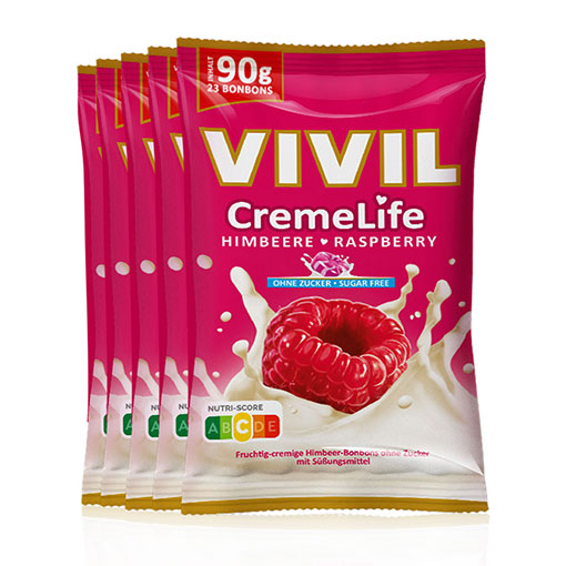 fünf VIVIL Creme Life Himbeere Bonbonverpackungen