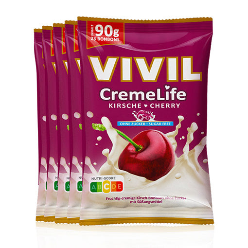fünf VIVIL Creme Life Kirsche Bonbonverpackungen