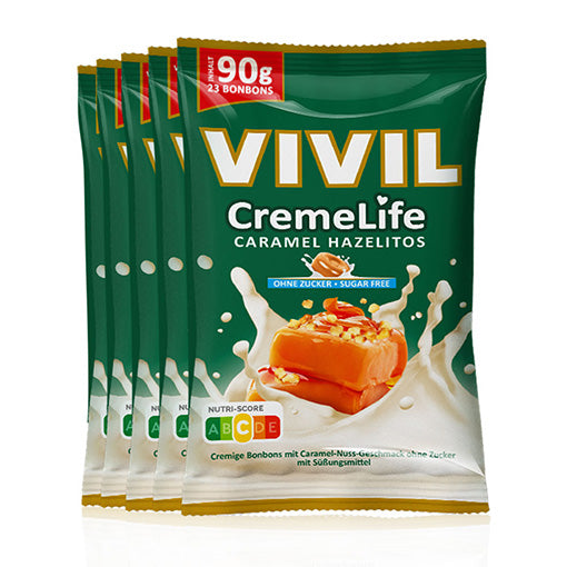 fünf VIVIL Creme Life Hazelitos Bonbonverpackungen