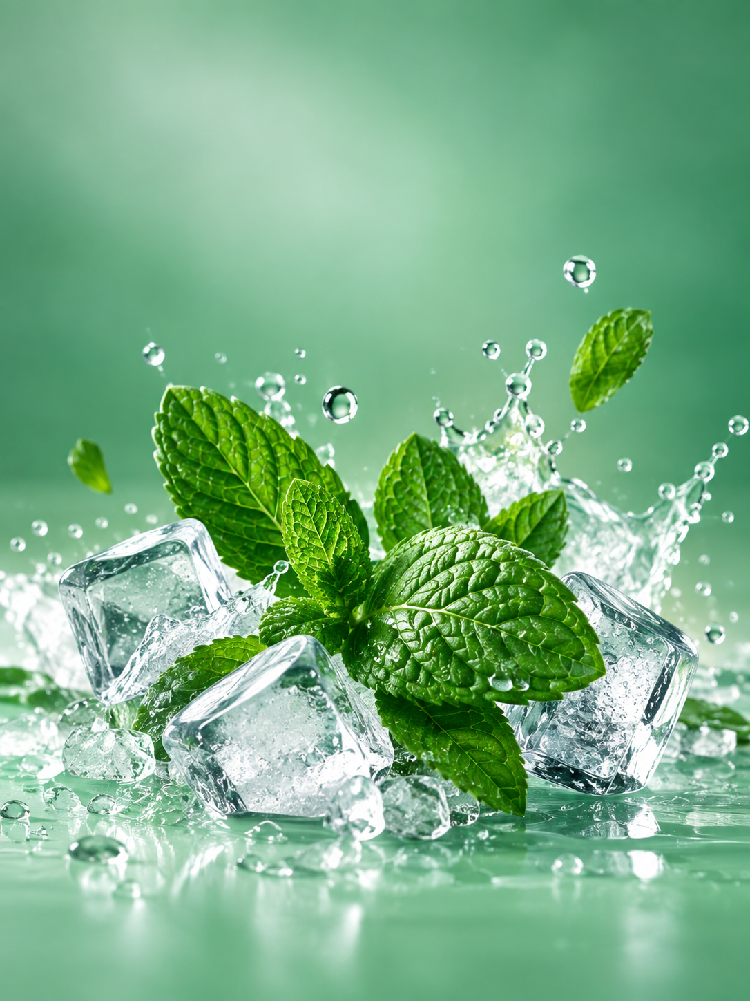 Frische Pfefferminzblätter mit Eiswürfeln und Wasserspritzern auf kühlem, grünem Hintergrund.