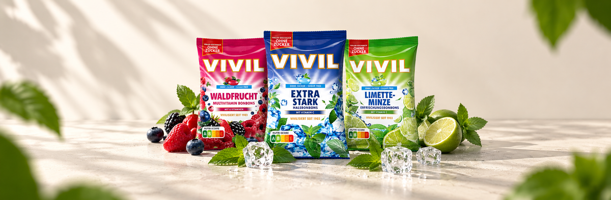 Aufreihung von VIVIL Hals- und Erfrischungsbonbons