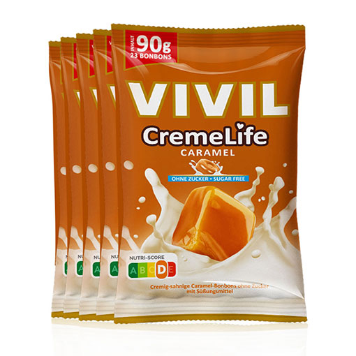 fünf VIVIL Creme Life Caramel Bonbonverpackungen