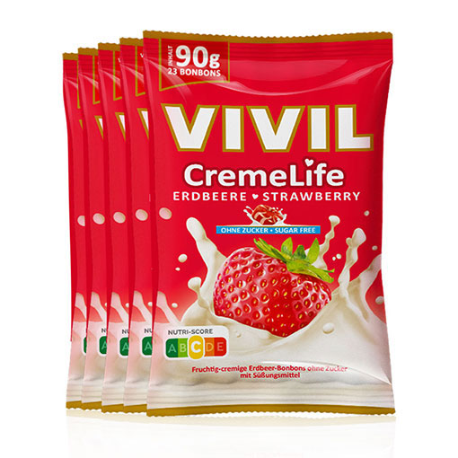 fünf VIVIL Creme Life Erdbeere Bonbonverpackungen