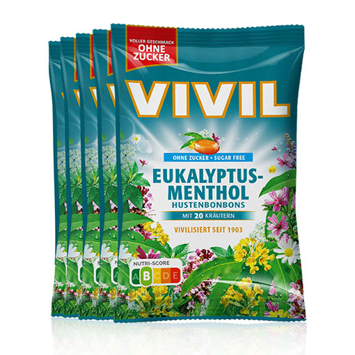 VIVIL Eukalyptus-Menthol Hustenbonbons ohne Zucker | 5 Beutel x 120g