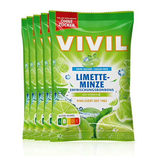 VIVIL Limette-Minze Erfrischungsbonbons ohne Zucker | 5 Beutel x 120g