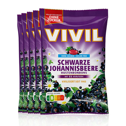 VIVIL Schwarze Johannisbeere Hustenbonbons ohne Zucker | 5 Beutel x 120g