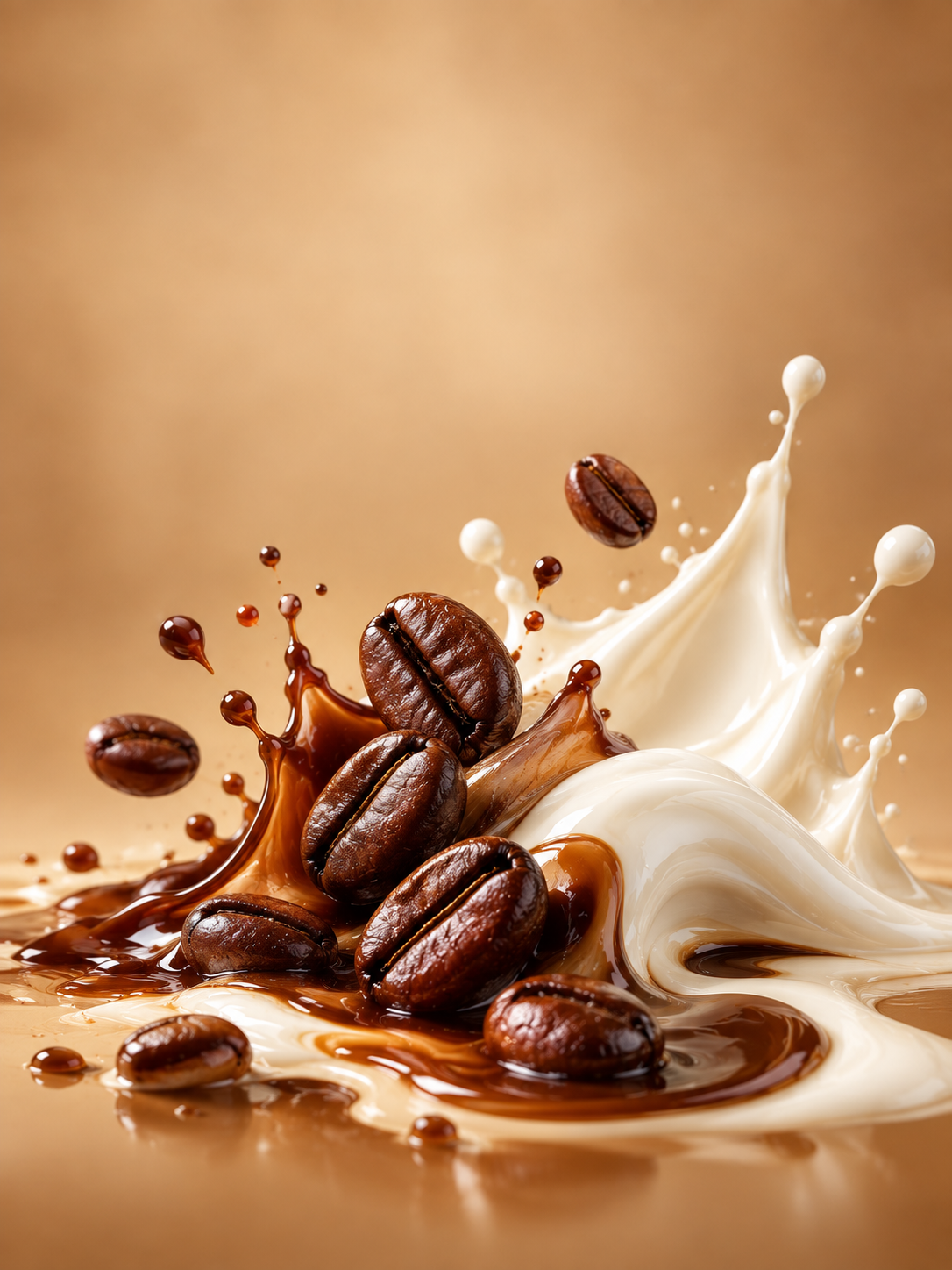 Geröstete Kaffeebohnen mit Espresso- und Sahnesplash auf warmem, kaffeebraunem Hintergrund