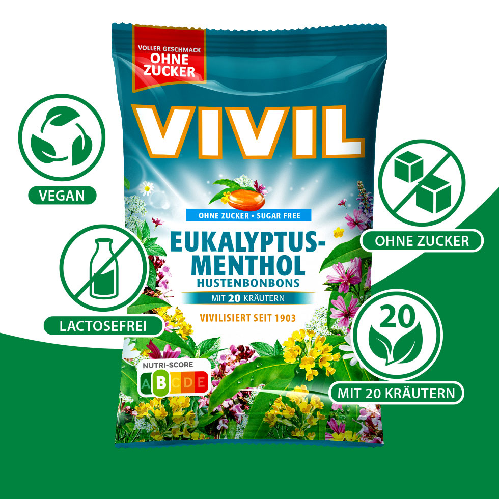 VIVIL Eukalyptus-Menthol Hustenbonbons ohne Zucker | 15 Beutel VIVIL Eukalyptus-Menthol Hustenbonbons ohne Zucker | 15 Beutel