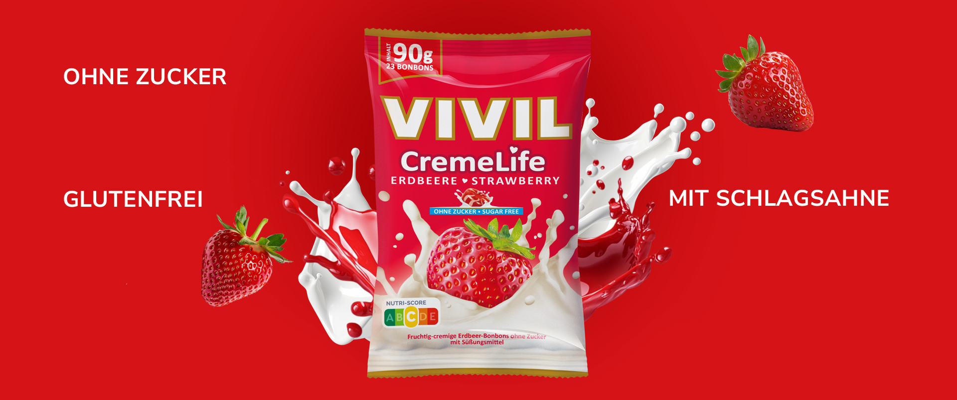 Produktinszenierung Creme Life Erdbeere mit Milchsplash und Auslobung der Produktbenefits Produktinszenierung Creme Life Erdbeere mit Milchsplash und Auslobung der Produktbenefits