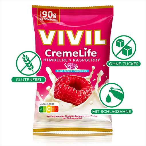 VIVIL Creme Life Himbeere Sahnebonbons ohne Zucker | 90g