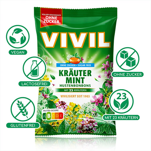 VIVIL Kräuter-Mint Hustenbonbons ohne Zucker | 15 Beutel