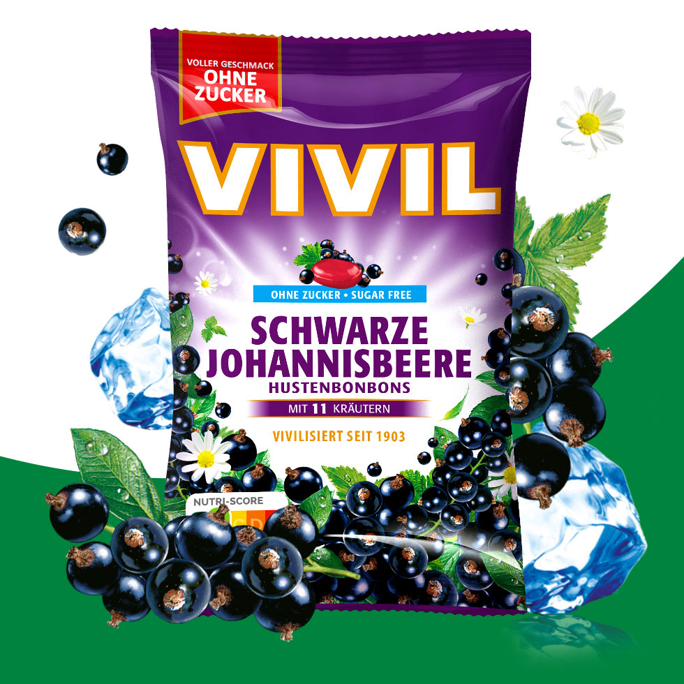 VIVIL Schwarze Johannisbeere Hustenbonbons ohne Zucker | 15 Beutel VIVIL Schwarze Johannisbeere Hustenbonbons ohne Zucker | 15 Beutel