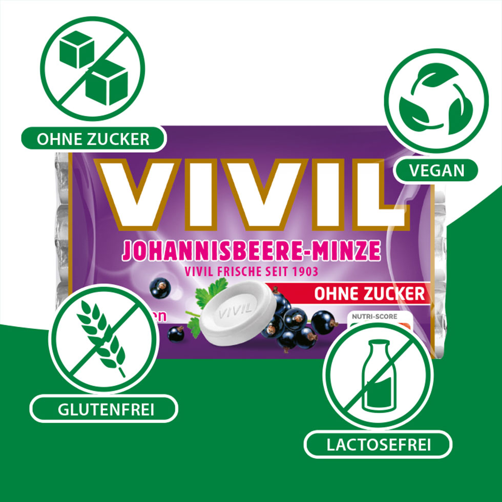 VIVIL Johannisbeere-Minze Pastillen ohne Zucker | 20 x 3er Pack VIVIL Johannisbeere-Minze Pastillen ohne Zucker | 20 x 3er Pack