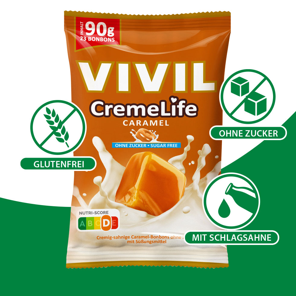 VIVIL Creme Life Caramel Bonbonverpackung mit Benefiticons VIVIL Creme Life Caramel Bonbonverpackung mit Benefiticons