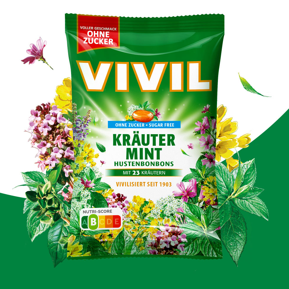 VIVIL Kräuter-Mint Hustenbonbons ohne Zucker | 15 Beutel VIVIL Kräuter-Mint Hustenbonbons ohne Zucker | 15 Beutel