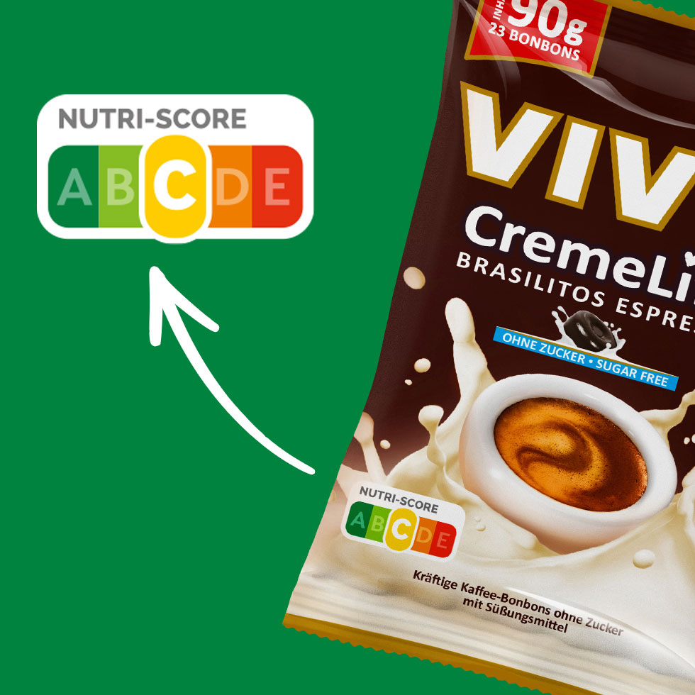 VIVIL Creme Life Brasilitos Bonbonverpackung mit Nutriscoreangabe VIVIL Creme Life Brasilitos Bonbonverpackung mit Nutriscoreangabe
