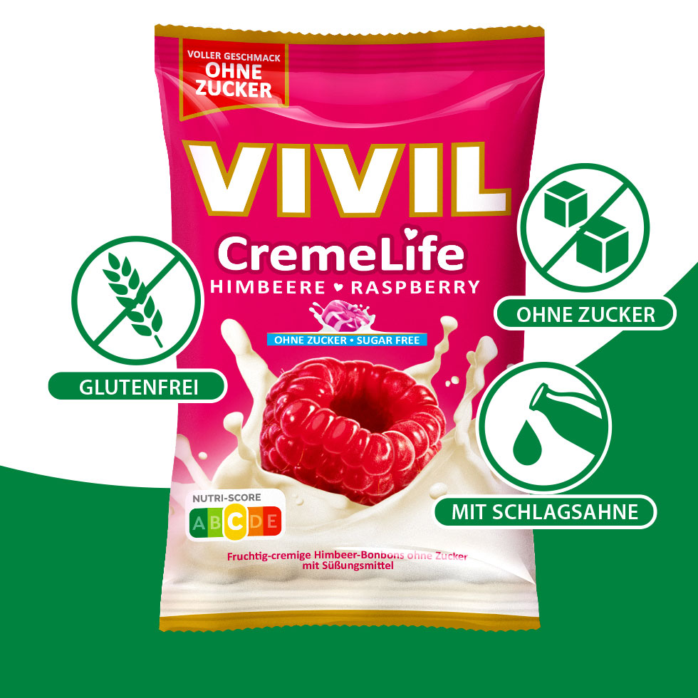 VIVIL Creme Life Himbeere Bonbonverpackung mit Benefits VIVIL Creme Life Himbeere Bonbonverpackung mit benefits