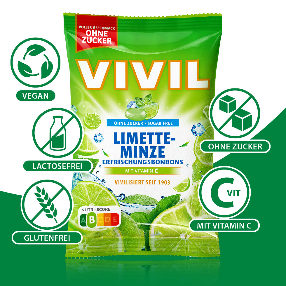 VIVIL Limette-Minze Erfrischungsbonbons ohne Zucker | 15 Beutel VIVIL Limette-Minze Erfrischungsbonbons ohne Zucker | 15 Beutel