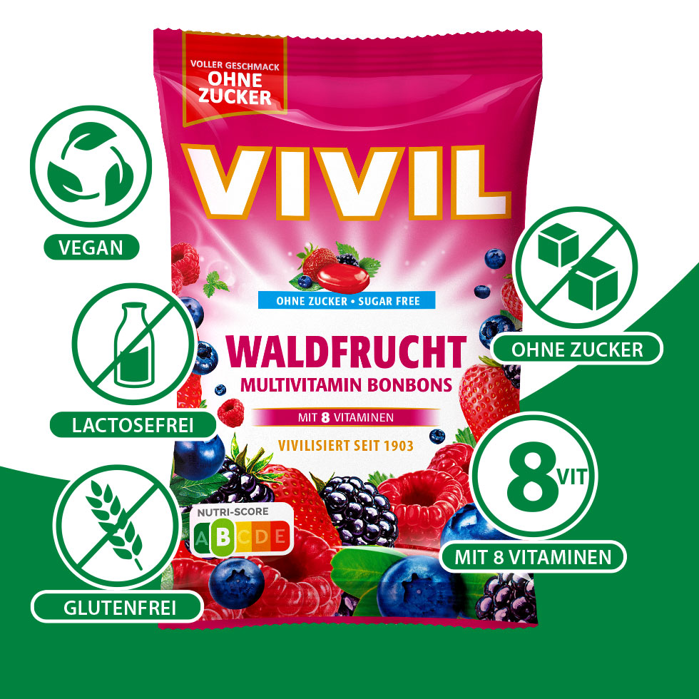 VIVIL Waldfrucht Multivitaminbonbons ohne Zucker | 15 Beutel VIVIL Waldfrucht Multivitaminbonbons ohne Zucker | 15 Beutel