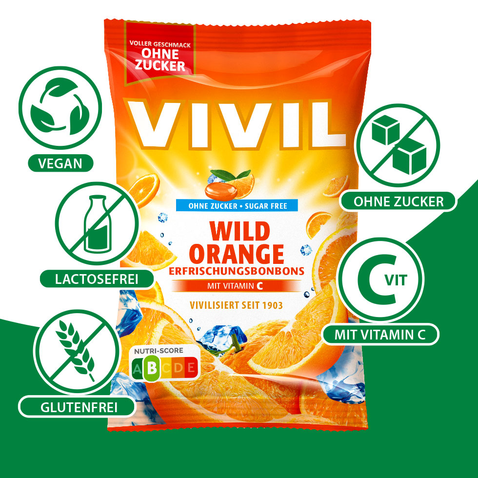 VIVIL Wild Orange Erfrischungsbonbons ohne Zucker | 15 Beutel