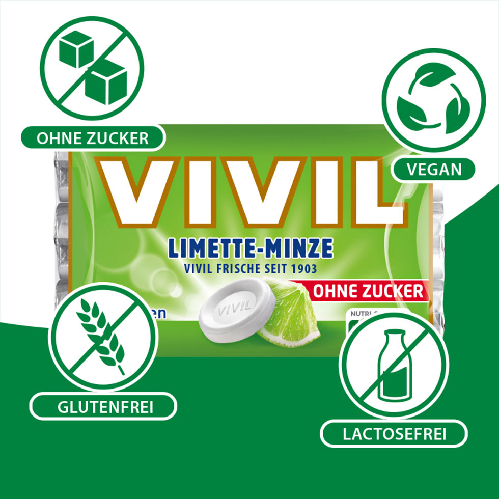 VIVIL Limette-Minze Pastillen ohne Zucker | 20 x 3er Pack