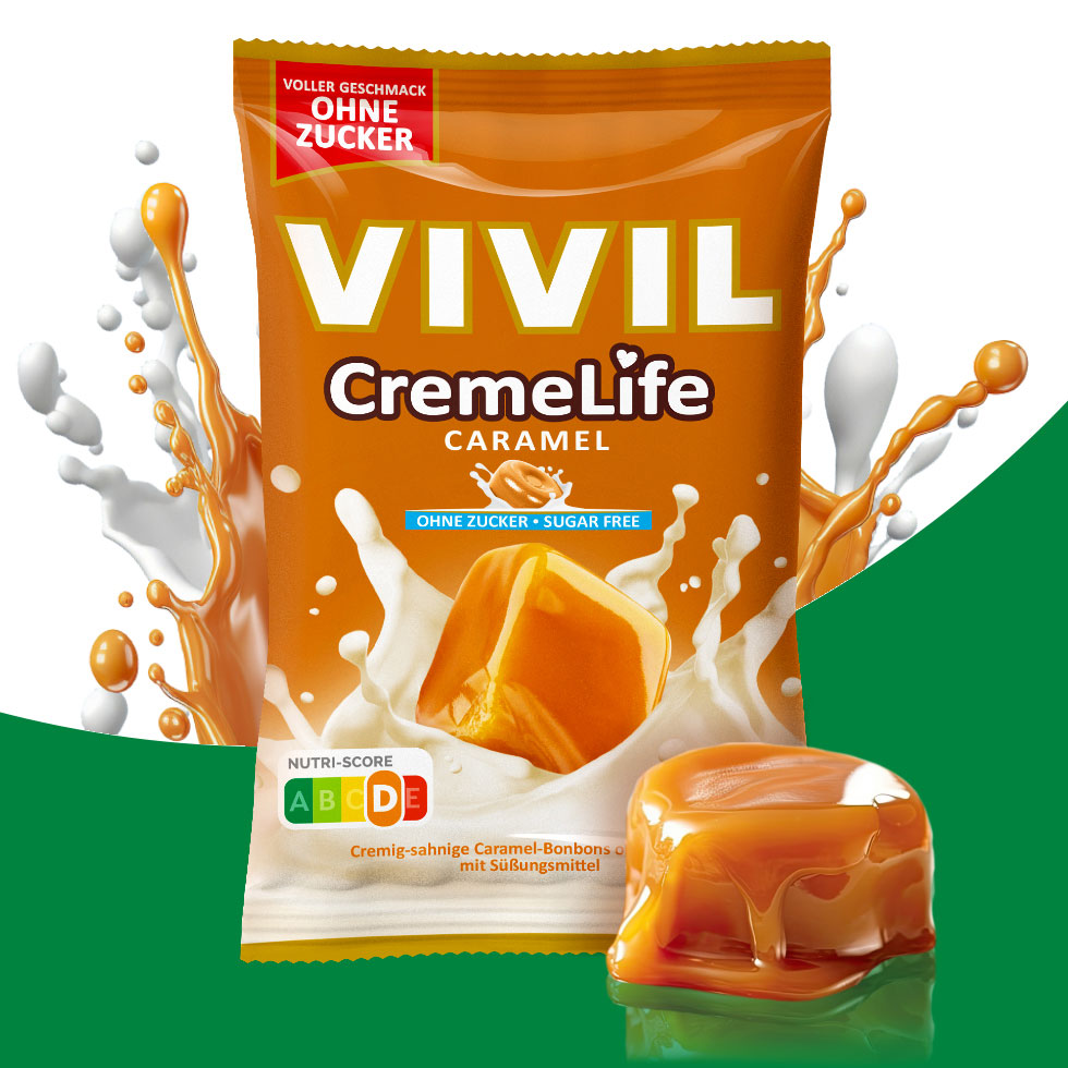 VIVIL Creme Life Caramel Bonbonverpackung mit Zutaten VIVIL Creme Life Caramel Bonbonverpackung mit Zutaten