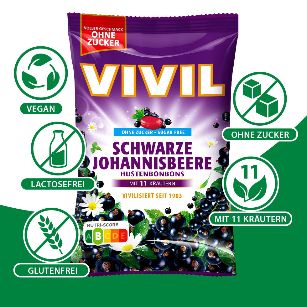 VIVIL Schwarze Johannisbeere Hustenbonbons ohne Zucker | 15 Beutel VIVIL Schwarze Johannisbeere Hustenbonbons ohne Zucker | 15 Beutel