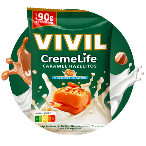 Navigation_Creme Life Caramel Hazelitos Bonbonbeutel Creme Life Hazelitos mit Haselnuss und Milchsplash