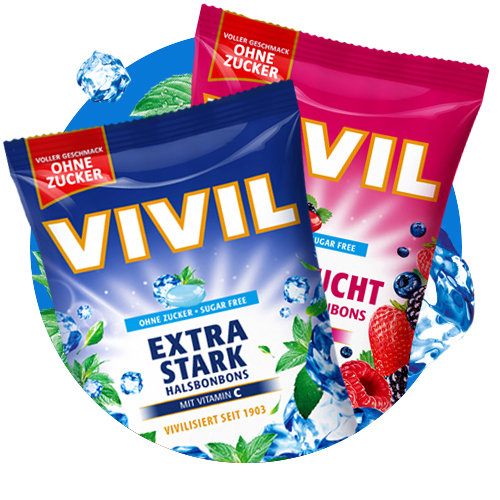 Erfrischungsbonbons Navigation VIVIL Erfrischungsbonbons Verpackungen auf blauem Hintergund