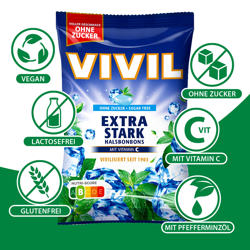 VIVIL Extra Stark Halsbonbons ohne Zucker | 15 Beutel
