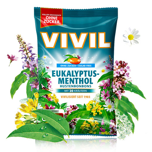 VIVIL Eukalyptus-Menthol Hustenbonbons ohne Zucker | 15 Beutel
