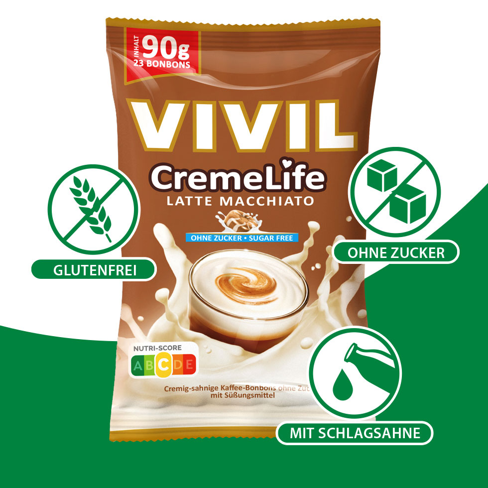 VIVIL Creme Life Latte Macchiato Bonbonverpackung mit Benefits VIVIL Creme Life Latte Macchiato Bonbonverpackung mit Benefits