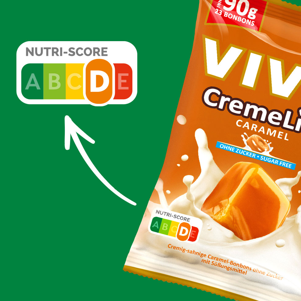 VIVIL Creme Life Caramel Bonbonverpackung mit Nutriscoreangabe VIVIL Creme Life Caramel Bonbonverpackung mit Nutriscoreangabe