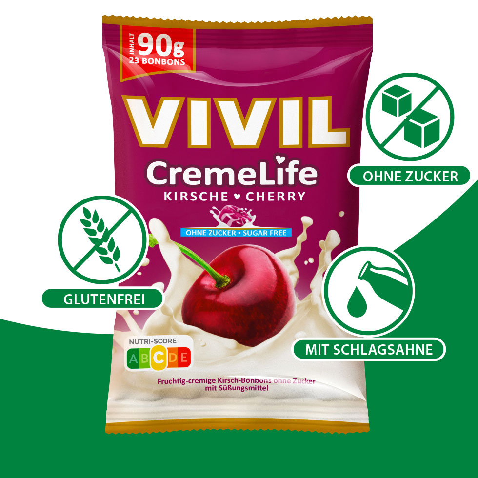 VIVIL Creme Life Kirsche Bonbonverpackung mit Benefits VIVIL Creme Life Kirsche Bonbonverpackung mit Benefits
