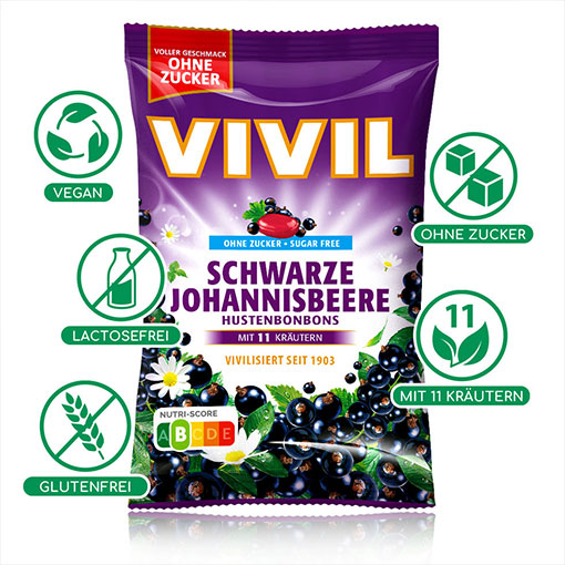 VIVIL Schwarze Johannisbeere Hustenbonbons ohne Zucker | 120g