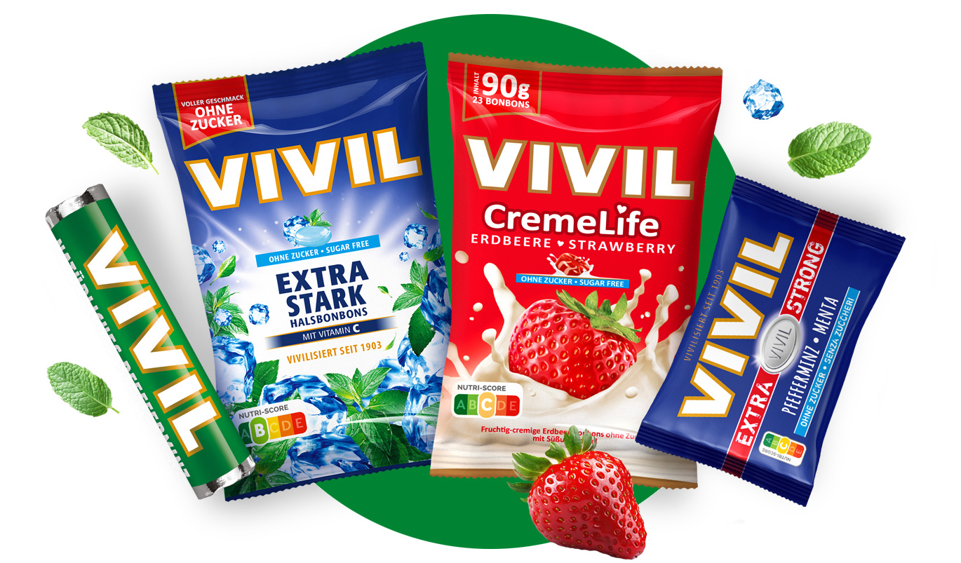 Lineup Vivivl Bonbons Lineup auf grünem Hintergrund