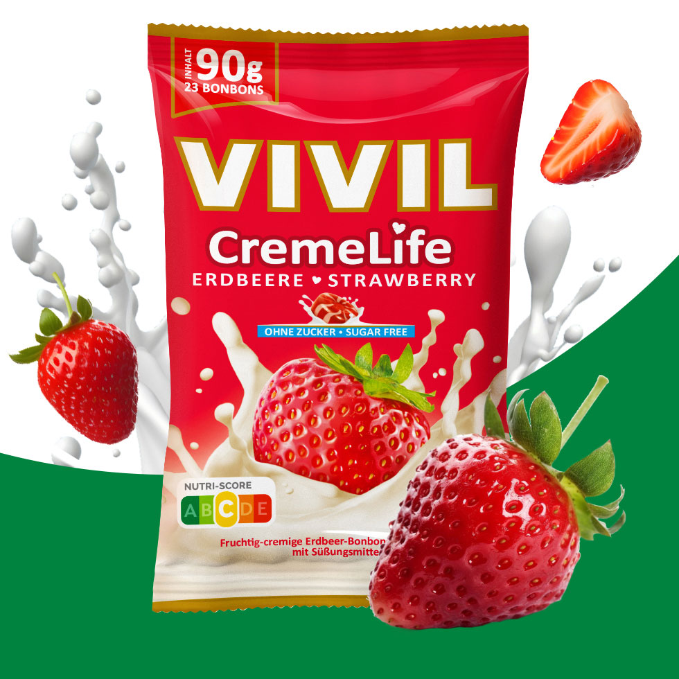VIVIL Creme Life Erdbeere Bonbonverpackung mit Composing VIVIL Creme Life Erdbeere Bonbonverpackung mit Composing