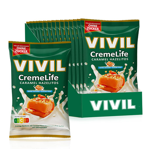 VIVIL Creme Life Caramel Hazelitos Sahnebonbons ohne Zucker | 15 Beutel