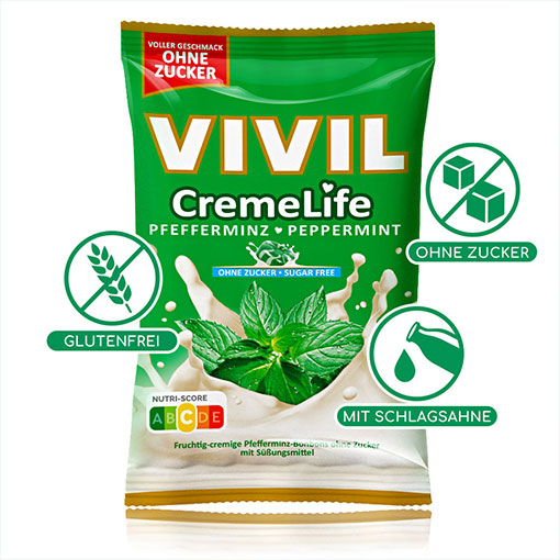 VIVIL Creme Life Pfefferminz Sahnebonbons ohne Zucker | 15 Beutel