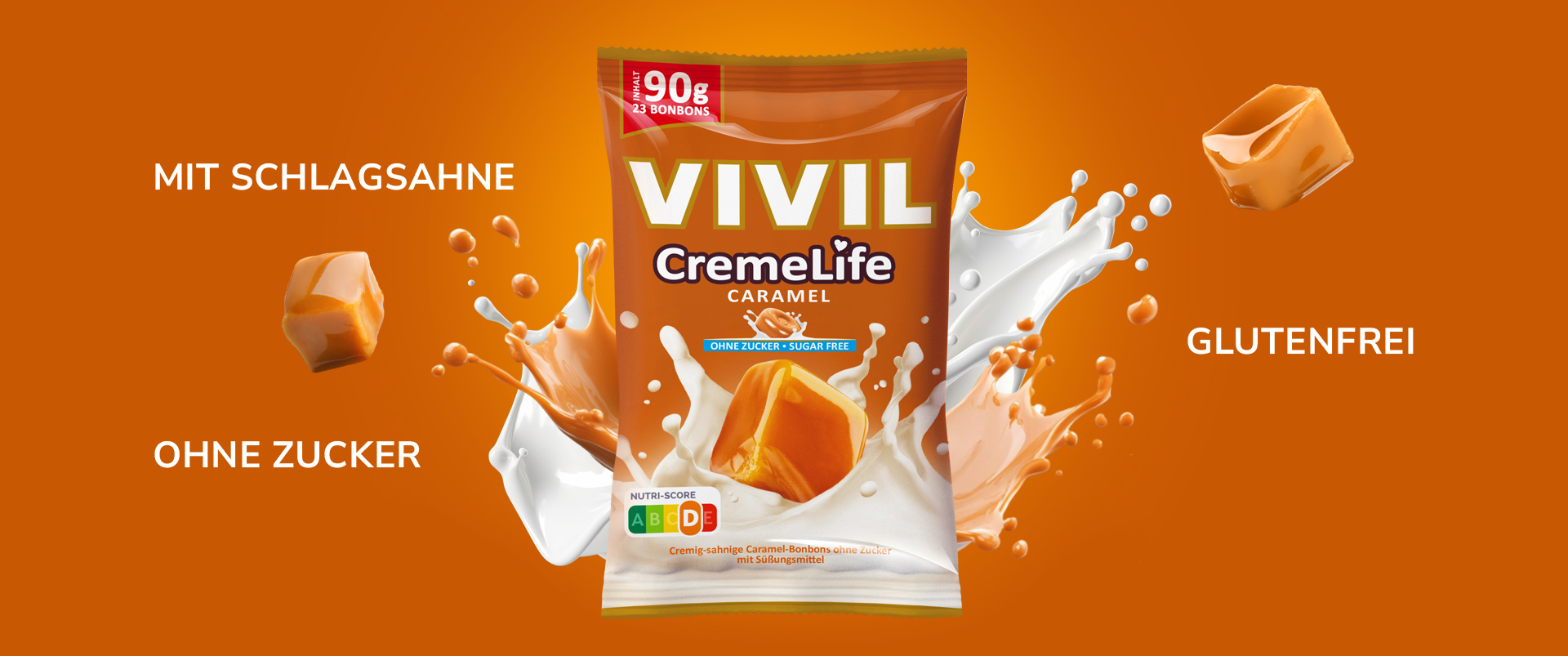 Produktinszenierung Creme Life Caramel mit Milchsplash und Auslobung der Produktbenefits Produktinszenierung Creme Life Caramel mit Milchsplash und Auslobung der Produktbenefits