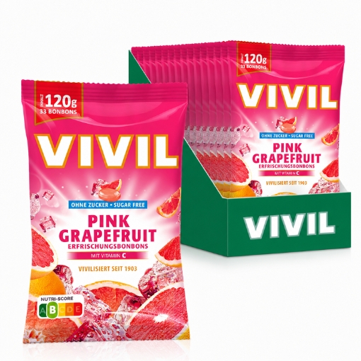 VIVIL Pink Grapefruit Erfrischungsbonbons ohne Zucker | 15 Beutel