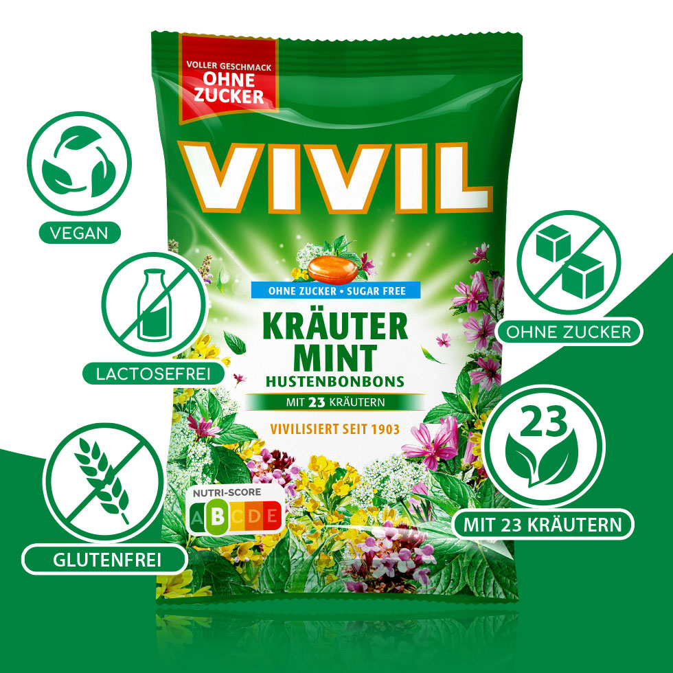VIVIL Kräuter-Mint Hustenbonbons ohne Zucker | 15 Beutel VIVIL Kräuter-Mint Hustenbonbons ohne Zucker | 15 Beutel