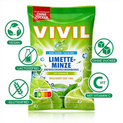 VIVIL Limette-Minze Erfrischungsbonbons ohne Zucker | 15 Beutel