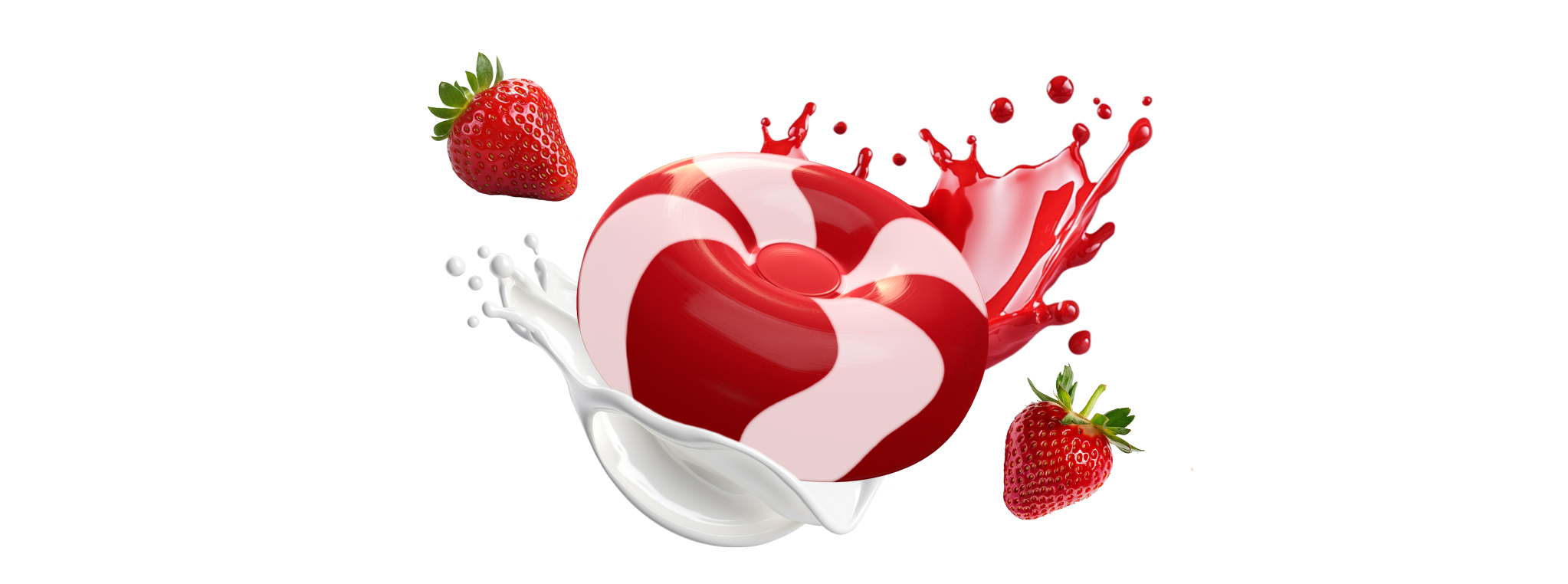 rot-weiß gestreiftes, rundes Sahnebonbon mit Erdbeeren und Milchsplash rot-weiß gestreiftes, rundes Sahnebonbon mit Erdbeeren und Milchsplash