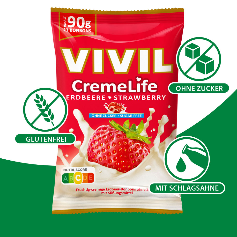 VIVIL Creme Life Erdbeere Bonbonverpackung mit Benefits VIVIL Creme Life Erdbeere Bonbonverpackung mit Benefits
