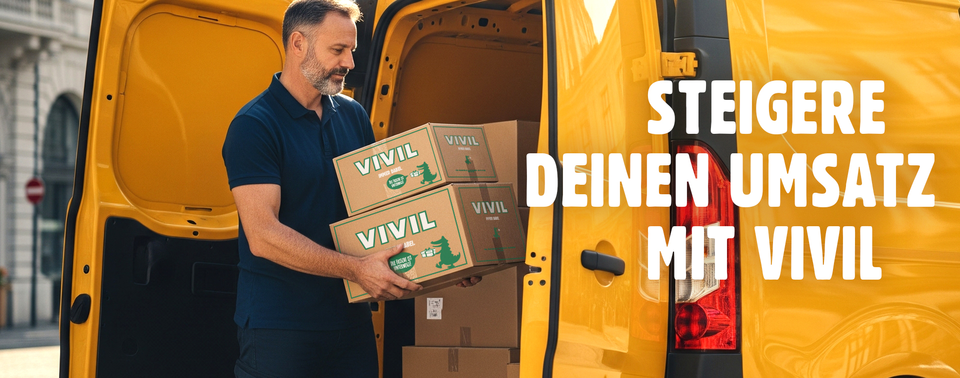 Mann trägt zwei Kartons aus einem gelben Lieferwagen