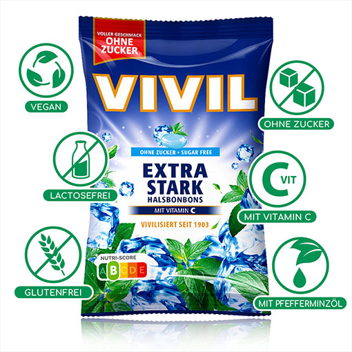 VIVIL Extra Stark Halsbonbons ohne Zucker | 15 Beutel
