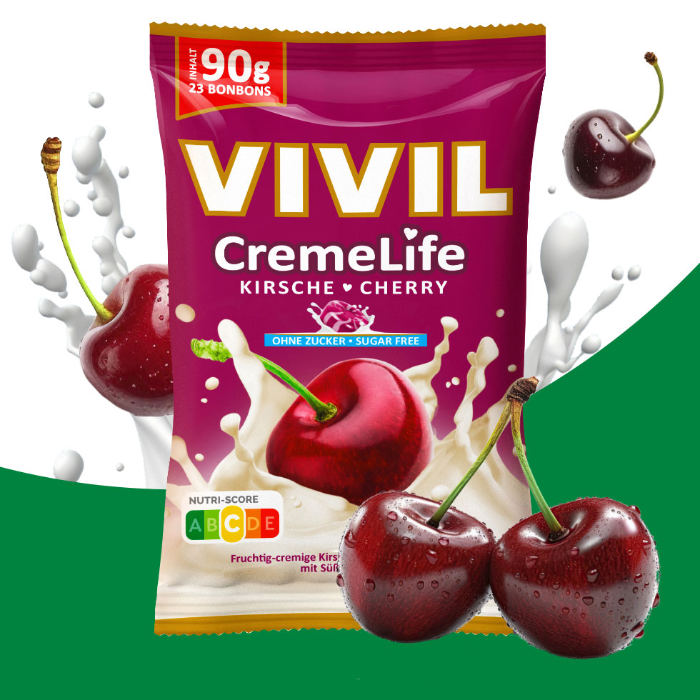 VIVIL Creme Life Kirsche Bonbonverpackung mit Zutaten VIVIL Creme Life Kirsche Bonbonverpackung mit Zutaten