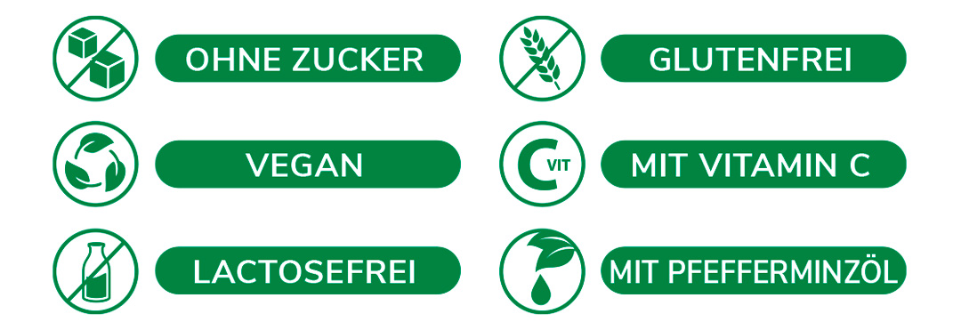 Icons zu ohne Zucker, vegan, lactosefrei, glutenfrei, mit vitamin C, mit Pfefferminzöl