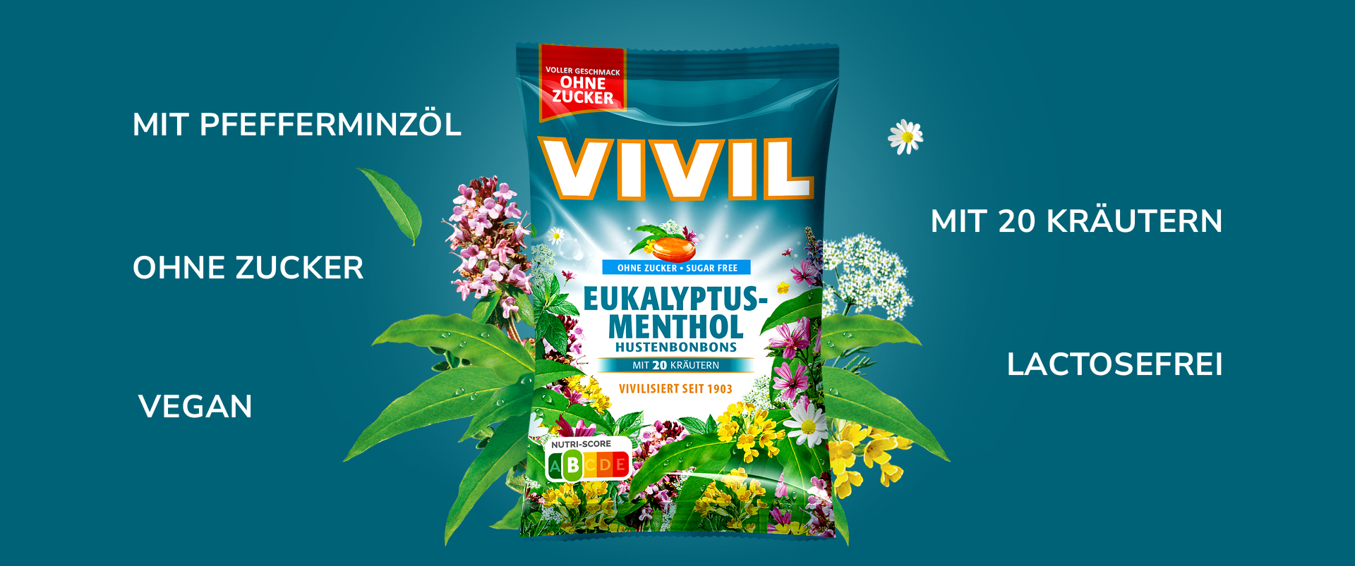 Teaser_HHMV_Euka_Desktop eine blaue Packung Eukalyptusbonbons auf blauem Hintergrund und Kräutern